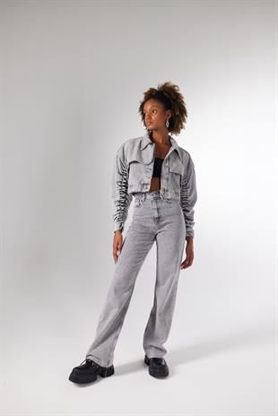 Crop Model Düğmeli Crespo Ceket Gri