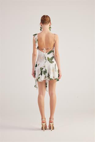 Asimetrik Kesim Sırt Dekolteli Çiçekli Gigi Elbise Beyaz