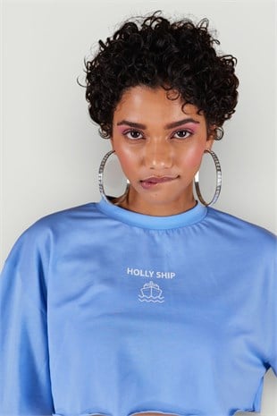 Bisiklet Yaka Holly Crop Tshirt Mavi