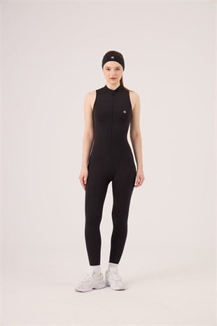  Sleeveless Rider Jumpsuit with Zipper, Black