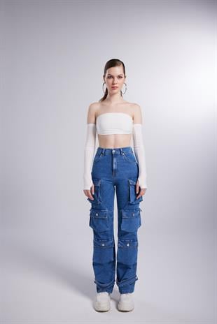 Yüksek Bel Wide Leg  Cargo Jean Pantolon Mavi