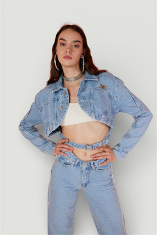 Crop Model Düğme Kapamalı Biana Jean Ceket Mavi