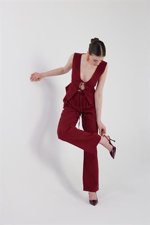 Geniş Paça Pilili Yüksek Bel Palazzo Giselle Pantolon Bordo