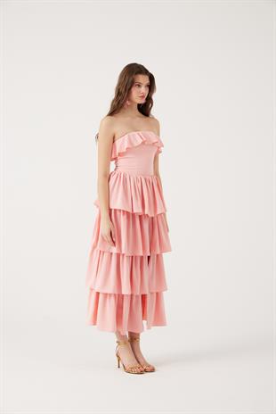 Straplez Fırfırlı Uzun Gracie Elbise Pembe