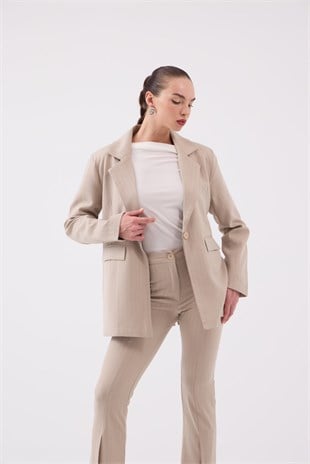 Vatkalı Astarlı Blazer Striped Blazer Ceket Bej