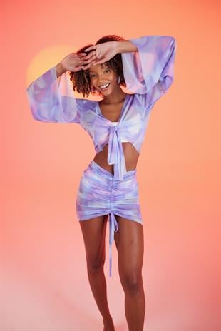 Eteği Büzgülü Desenli Tül Bonita Pareo Takım Lila