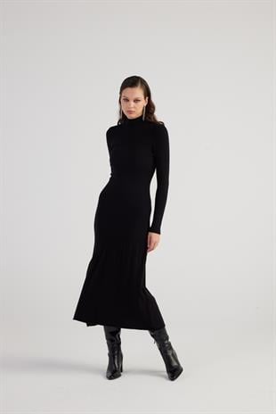 Balıkçı Yaka Özel Dokulu Midi Sally Triko Elbise Siyah