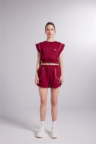 Beli Lastikli Kontrast Dikişli Mini Rhode Şort Bordo