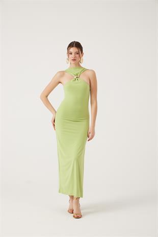 Boynu Aksesuarlı Uzun Jana Elbise Yeşil