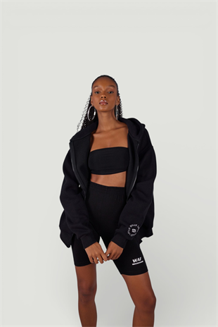 Uzun Kol Kapüşonlu Fermuar Kapamalı Hoody Sweatshirt Siyah