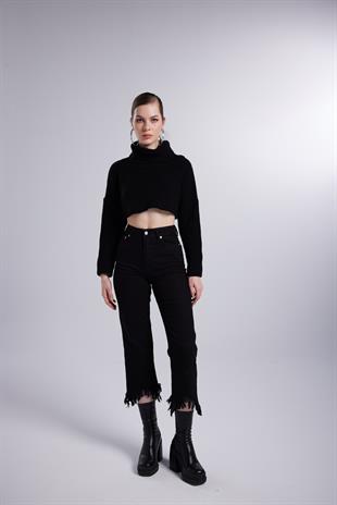 Kadın Siyah Balıkçı Yaka Uzun Kol Lirola Kazak