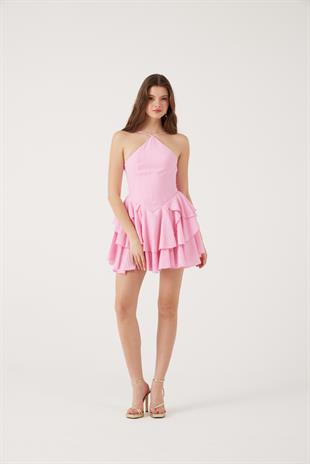 Fırfırlı Halter Yaka Mini Keira Elbise Pembe
