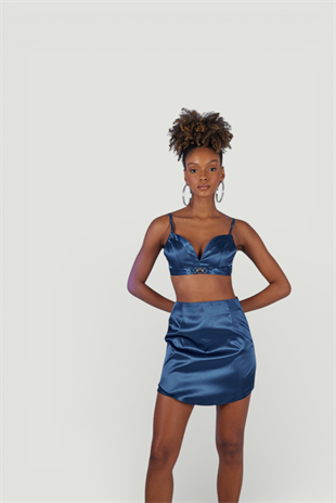 Mini Boy Fermuarlı Saten Fancy Etek Lacivert