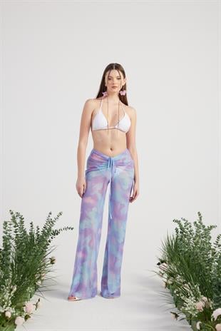 Beli İp Detaylı Tül Pareo Shirred Pantolon Lila