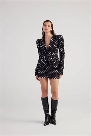 Puantiyeli Gül Aksesuarlı Karpuz Kol Blazer Wilma Ceket Siyah