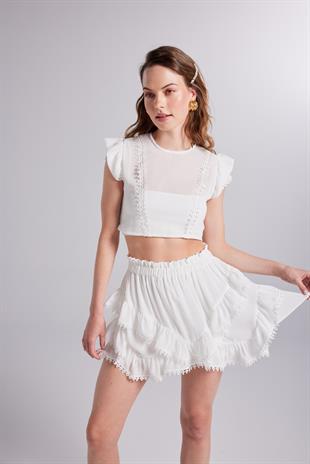 Brode Detaylı Crop Pixie Bluz Beyaz