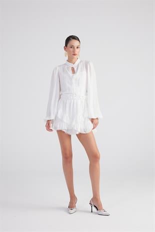 Brode Detaylı Atletli Pixie Gömlek Beyaz