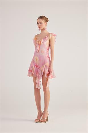 Asimetrik Kesim Sırt Dekolteli Çiçekli Gigi Elbise Pembe