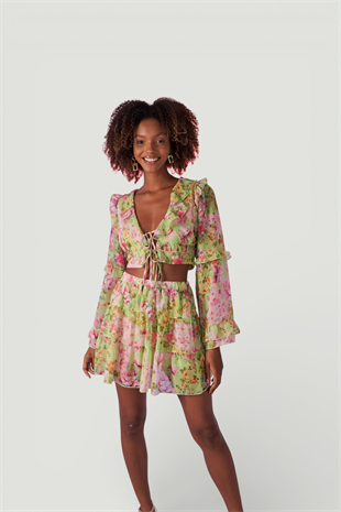 Çiçek Desenli Lastikli Yüksek Bel Mini Flora Etek Yeşil