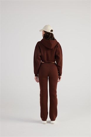 Kadın Kahverengi Kapüşonlu Uzun Kol Fermuarlı Crop Mixed Sweat