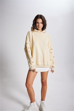 Oversize Kapüşonlu Unisex Eye Sweat Bej