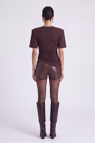 High Waist Mini Meghan Leather Shorts Brown