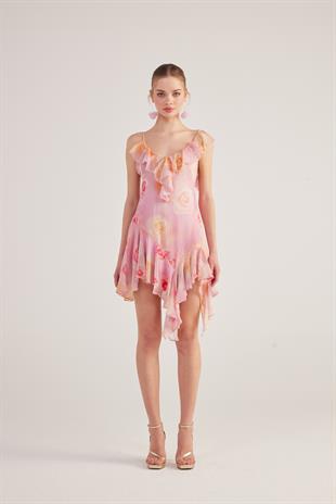 Asimetrik Kesim Sırt Dekolteli Çiçekli Gigi Elbise Pembe