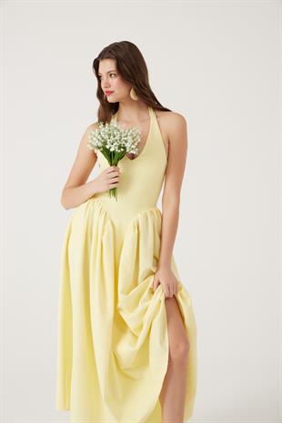 Boyundan Bağlamalı Bele Oturan Uzun Ophelia Elbise Sarı