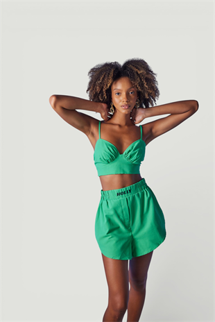 Yüksek Bel Lastikli Leti Şort Yeşil