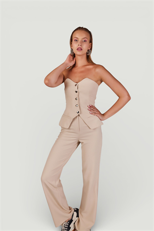 Straplez Kesim Astarlı Panky Bluz Bej