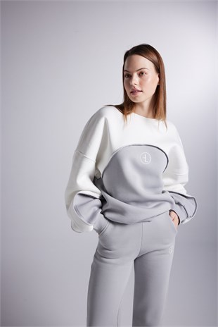 Şardonlu 3 İplik Kumaş Logolu Oversize Nola Sweatshirt Gri
