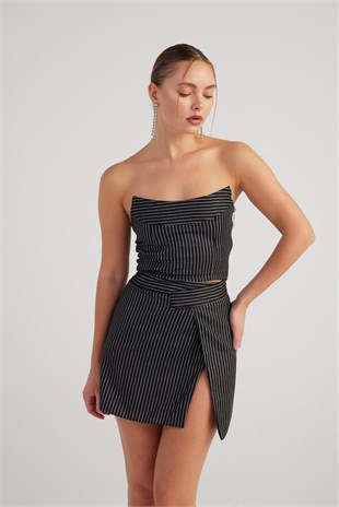 Simli Çizgili Crop Eden Büstiyer Siyah