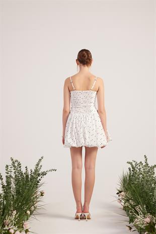 Puantiyeli Kurdele Detaylı Balon Etekli Mini Erica Elbise Beyaz