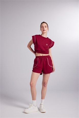 Beli Lastikli Kontrast Dikişli Mini Rhode Şort Bordo