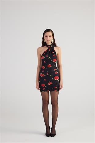 Şal Yaka Detaylı Gül Desenli Sırt Dekolteli Mini Helena Elbise Siyah