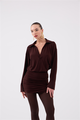 Eteği Büzgü Detaylı Gömlek Yaka Jaida Elbise Kahve