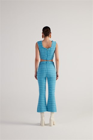 İspanyol Kesim Tüvit Tweed Pantolon Mavi