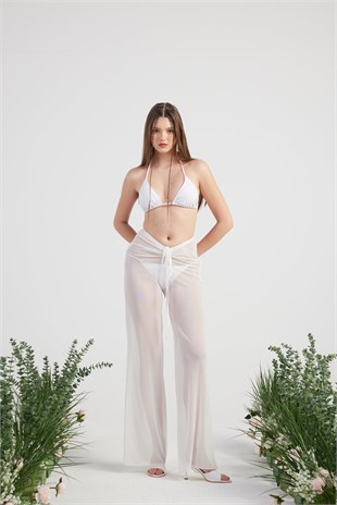 Beli İp Detaylı Tül Pareo Shirred Pantolon Beyaz