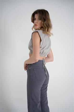 Bel Bağlamalı Crop Candy Tshirt Gri