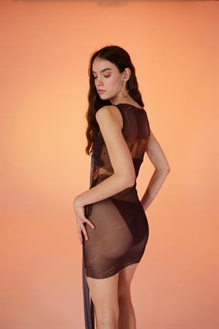 Bağlama Detaylı Ensek Tül Wrap Elbise Kahverengi