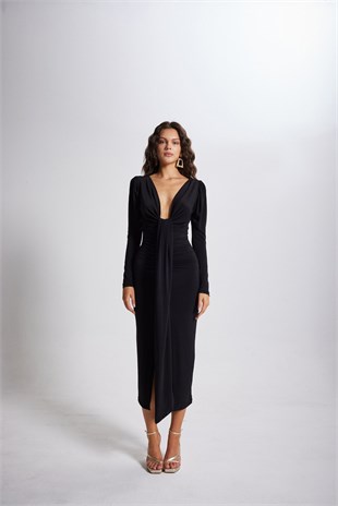 V Yaka Karpuz Kol Maxi Moonlight Elbise Siyah