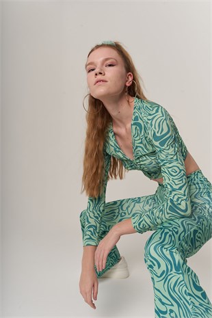 Crop Model Esnek uzun Kol Volera Bluz Yeşil