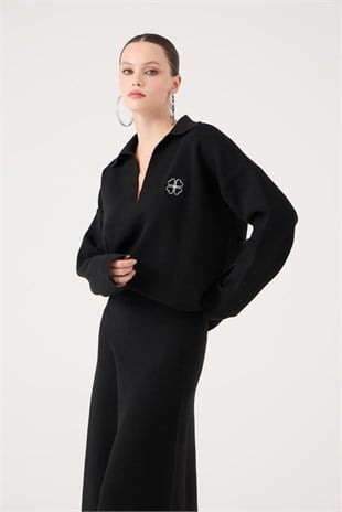 Oversize Kesim Polo Yaka Zoi Triko Kazak Siyah