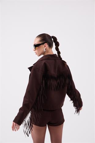 Püskül Detaylı Valeri Süet Ceket Kahve 