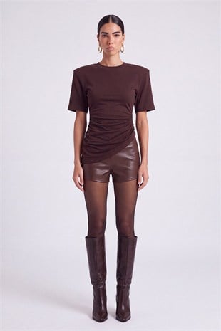 High Waist Mini Meghan Leather Shorts Brown