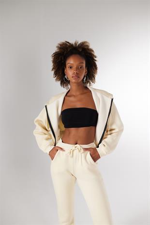 Kadın Bej Kapüşonlu Uzun Kol Fermuarlı Crop Mixed Sweat