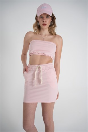 Mini Boy Bel Lastikli ve İpli Cepli Toa Etek Pembe