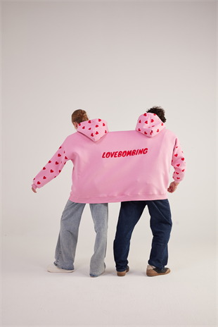 Kalp Baskılı Çift Giyilir Lovebombing Sweatshirt Pembe