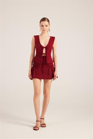 Kurdeleli Yüksek Bel Pilili Mini Elena Şort Etek Bordo