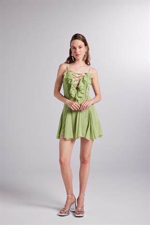 Fırfır Detaylı Şifon Mini Sorento Elbise Yeşil
